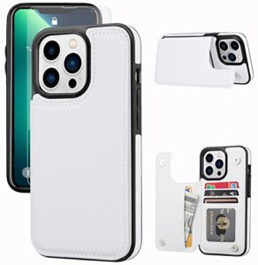 joyaki wallet case compatible with iphone 13 pro max,slim protective case with card holder,pu leather kickstand card slots case with a free screen protective glass for iphone 13 promax(6.7")-white