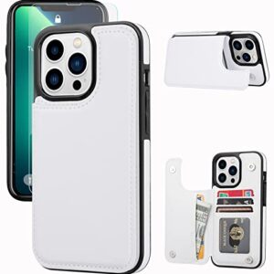 JOYAKI Wallet Case Compatible with iPhone 13 Pro Max,Slim Protective case with Card Holder,PU Leather Kickstand Card Slots Case with a Free Screen Protective Glass for iPhone 13 Promax(6.7")-White