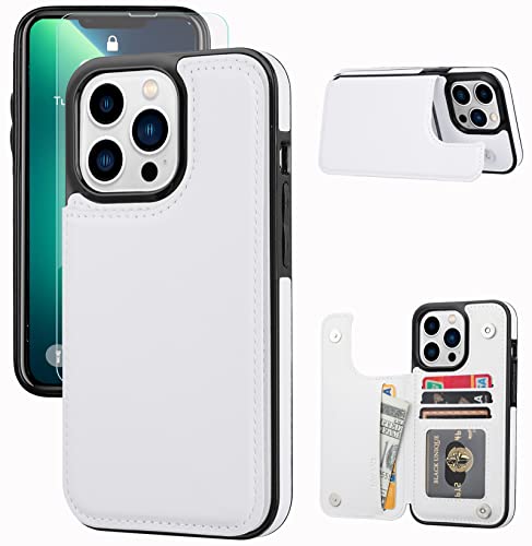 JOYAKI Wallet Case Compatible with iPhone 13 Pro Max,Slim Protective case with Card Holder,PU Leather Kickstand Card Slots Case with a Free Screen Protective Glass for iPhone 13 Promax(6.7")-White