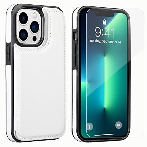 JOYAKI Wallet Case Compatible with iPhone 13 Pro Max,Slim Protective case with Card Holder,PU Leather Kickstand Card Slots Case with a Free Screen Protective Glass for iPhone 13 Promax(6.7")-White
