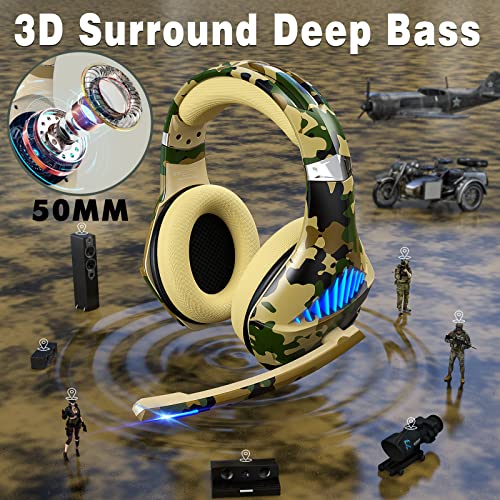 Tatybo Gaming Headset for PS5 PS4 Xbox ONE Switch PC with Noise Cancelling Over-Ear Stereo Bass Surround Sound Gaming Headphone -Camo