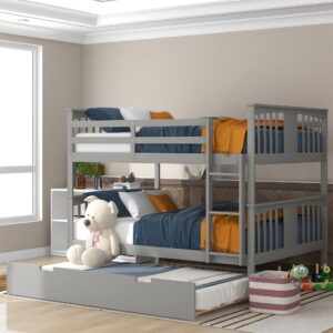 harper & bright designs full over full bunk bed with trundle, solid wood bunk bed with ladder for bedroom, guest room furniture – gray