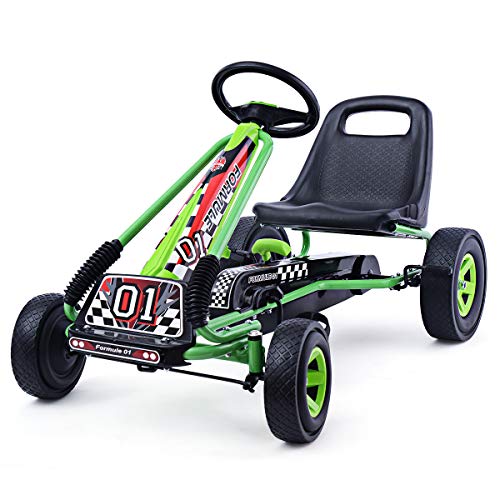 HONEY JOY Go Kart for Kids, 4 Wheel Quad Off-Road Pedal On Foot Go Cart w/Steering Wheels & Adjustable Seat, 2 Safety Brakes, EVA Rubber Tires, Clutch, Outdoor Racer Ride On Pedal Car (Green)