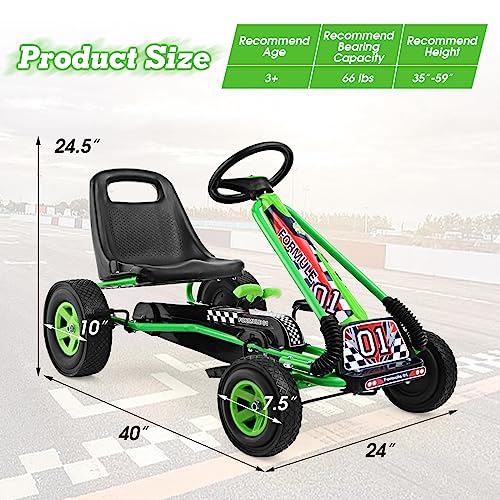 HONEY JOY Go Kart for Kids, 4 Wheel Quad Off-Road Pedal On Foot Go Cart w/Steering Wheels & Adjustable Seat, 2 Safety Brakes, EVA Rubber Tires, Clutch, Outdoor Racer Ride On Pedal Car (Green)