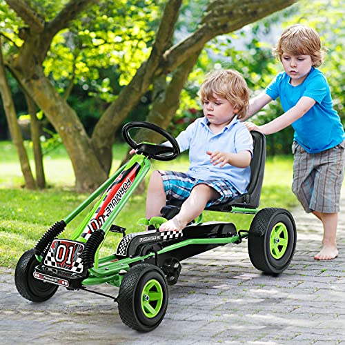 HONEY JOY Go Kart for Kids, 4 Wheel Quad Off-Road Pedal On Foot Go Cart w/Steering Wheels & Adjustable Seat, 2 Safety Brakes, EVA Rubber Tires, Clutch, Outdoor Racer Ride On Pedal Car (Green)