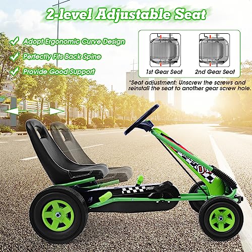 HONEY JOY Go Kart for Kids, 4 Wheel Quad Off-Road Pedal On Foot Go Cart w/Steering Wheels & Adjustable Seat, 2 Safety Brakes, EVA Rubber Tires, Clutch, Outdoor Racer Ride On Pedal Car (Green)