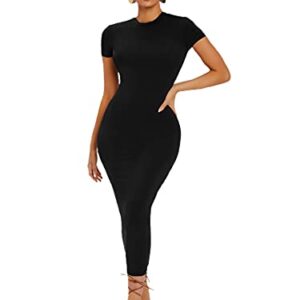 Verdusa Women's Round Neck Cap Sleeve Solid Long Pencil Bodycon Dress Black S