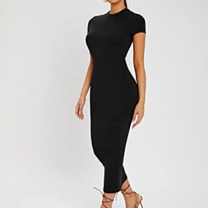 Verdusa Women's Round Neck Cap Sleeve Solid Long Pencil Bodycon Dress Black S