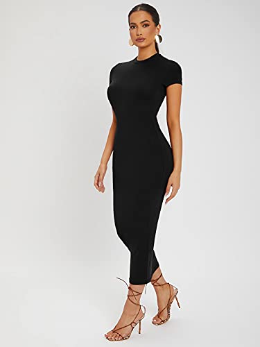 Verdusa Women's Round Neck Cap Sleeve Solid Long Pencil Bodycon Dress Black S