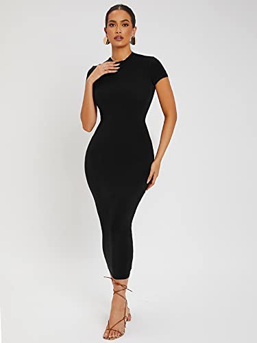 Verdusa Women's Round Neck Cap Sleeve Solid Long Pencil Bodycon Dress Black S