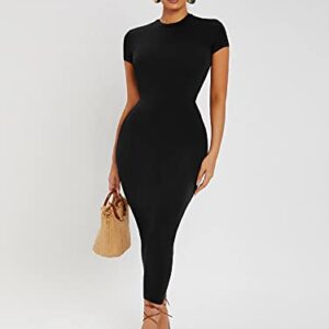 Verdusa Women's Round Neck Cap Sleeve Solid Long Pencil Bodycon Dress Black S