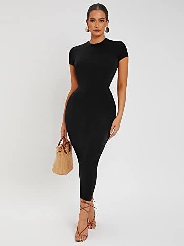 Verdusa Women's Round Neck Cap Sleeve Solid Long Pencil Bodycon Dress Black S