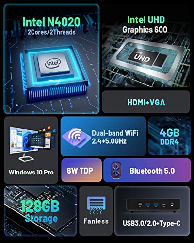 Mini PC Windows 10 Pro, Intel Celeron N4020,Mini Desktop Computer 4GB DDR4 128GB eMMC, Micro Computer 4K Suppport, 2.4/5G WiFi Bluetooth 5.0, Gigabit Ethernet, for Business, Home