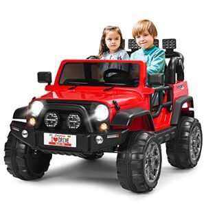 honey joy 2 seat ride on truck, 12v off-road ride on car with remote control, slow start, spring suspension, led lights, music, 3 speeds, battery powered electric vehicle for two kids(red)