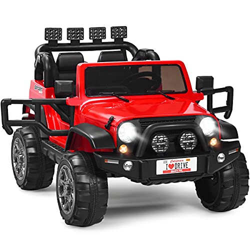 HONEY JOY 2 Seat Ride On Truck, 12V Off-Road Ride On Car with Remote Control, Slow Start, Spring Suspension, LED Lights, Music, 3 Speeds, Battery Powered Electric Vehicle for Two Kids(Red)