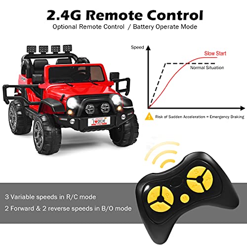 HONEY JOY 2 Seat Ride On Truck, 12V Off-Road Ride On Car with Remote Control, Slow Start, Spring Suspension, LED Lights, Music, 3 Speeds, Battery Powered Electric Vehicle for Two Kids(Red)