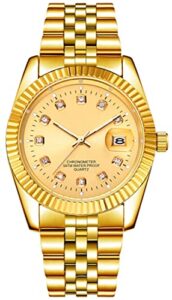 senrud men's fashion classic design analog quartz watches casual business stainless steel waterproof date wrist watch men (gold)
