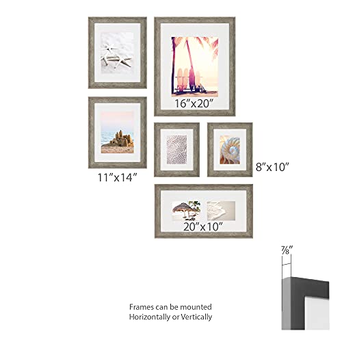 Instapoints 6 Piece Picture Frame Set in Multiple Decorative Art Prints & Hanging Template Gallery Wall Kits, Multi Size, Gray