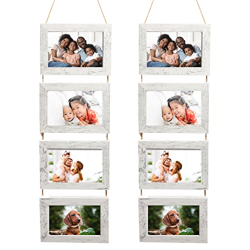 Houseables Collage Picture Frame, Hanging Photo Frames, 4” x 6” Prints, 2 PK, 4 Frame Set, White, Whitewash, Wood, w/Glass, Twine, Hanger, Rustic Style, Country Chic, Landscape, Farmhouse Decor