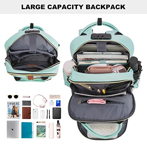 LOVEVOOK Laptop Backpack for Women, Large Capacity Travel Anti-Theft Bag Business Work Computer Backpacks Purse College Backpack, Casual Hiking Daypack with Lock, 15.6 Inch, Mint Green