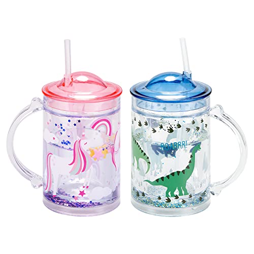 Nuovoo Kids Glitter Tumbler Cup Bulk with Lid and Straw, Cute Double Wall Tumbler Cups Turners with Handle for Starter, Clear Toddler Sippy Cup, Kawaii Rainbow Water Bottle, Set of 2, Pink & Blue