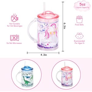 Nuovoo Kids Glitter Tumbler Cup Bulk with Lid and Straw, Cute Double Wall Tumbler Cups Turners with Handle for Starter, Clear Toddler Sippy Cup, Kawaii Rainbow Water Bottle, Set of 2, Pink & Blue