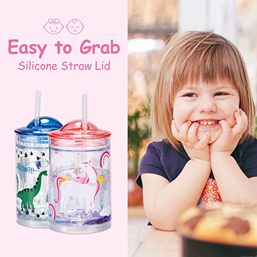 Nuovoo Kids Glitter Tumbler Cup Bulk with Lid and Straw, Cute Double Wall Tumbler Cups Turners with Handle for Starter, Clear Toddler Sippy Cup, Kawaii Rainbow Water Bottle, Set of 2, Pink & Blue