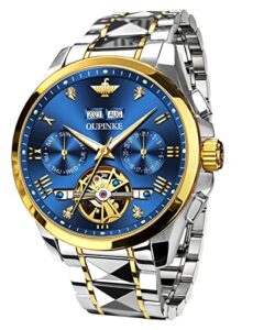 oupink automatic watches for men luxury mechanical tungsten steel casual luminous wristwatch waterproof sapphire calendar watches blue