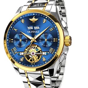 OUPINK Automatic Watches for Men Luxury Mechanical Tungsten Steel Casual Luminous Wristwatch Waterproof Sapphire Calendar Watches Blue