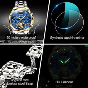 OUPINK Automatic Watches for Men Luxury Mechanical Tungsten Steel Casual Luminous Wristwatch Waterproof Sapphire Calendar Watches Blue