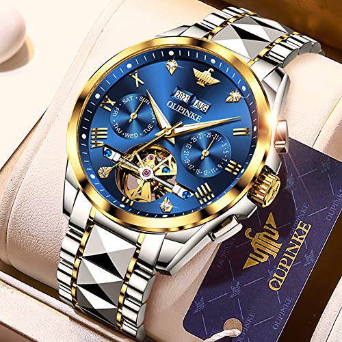 OUPINK Automatic Watches for Men Luxury Mechanical Tungsten Steel Casual Luminous Wristwatch Waterproof Sapphire Calendar Watches Blue