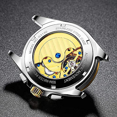 OUPINK Automatic Watches for Men Luxury Mechanical Tungsten Steel Casual Luminous Wristwatch Waterproof Sapphire Calendar Watches Blue