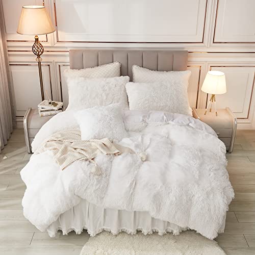 annadaif Plush Shaggy Duvet Cover, White Fluffy Comforter Cover Queen Size, Fuzzy Faux Fur Bedding Set with Zipper Closure, Luxury Ultra Soft 3 Pieces (1 Duvet Cover, 2 Pillowcases)