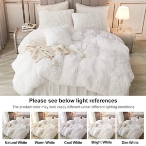 annadaif Plush Shaggy Duvet Cover, White Fluffy Comforter Cover Queen Size, Fuzzy Faux Fur Bedding Set with Zipper Closure, Luxury Ultra Soft 3 Pieces (1 Duvet Cover, 2 Pillowcases)