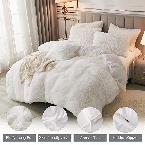 annadaif Plush Shaggy Duvet Cover, White Fluffy Comforter Cover Queen Size, Fuzzy Faux Fur Bedding Set with Zipper Closure, Luxury Ultra Soft 3 Pieces (1 Duvet Cover, 2 Pillowcases)