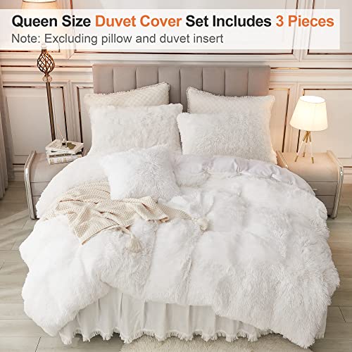 annadaif Plush Shaggy Duvet Cover, White Fluffy Comforter Cover Queen Size, Fuzzy Faux Fur Bedding Set with Zipper Closure, Luxury Ultra Soft 3 Pieces (1 Duvet Cover, 2 Pillowcases)