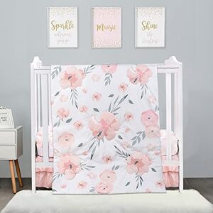 pinnkku 3-piece mini crib bedding set for girls, mini/portable crib bedding set for girls, blush pink flower crib skirt, blanket, crib sheet, fits mini crib only