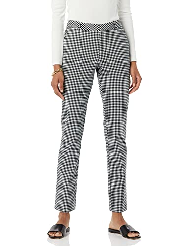 Amazon Essentials Women's Bi-Stretch Full Length Straight Leg Pant, White/Black, Gingham, 14