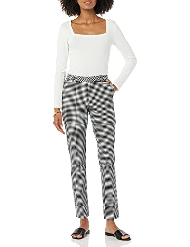 Amazon Essentials Women's Bi-Stretch Full Length Straight Leg Pant, White/Black, Gingham, 14