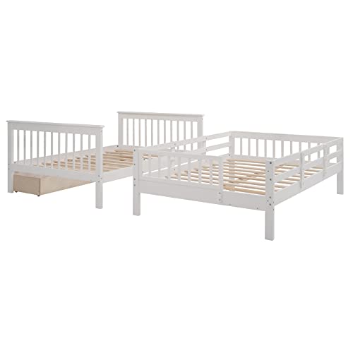 Full Over Full Bunk Beds with Drawers and Stairs Wood Bunk Bed Frame with Storage for Kids Teens Adult, Detachable Bunked for Boys Girls Women Men, White