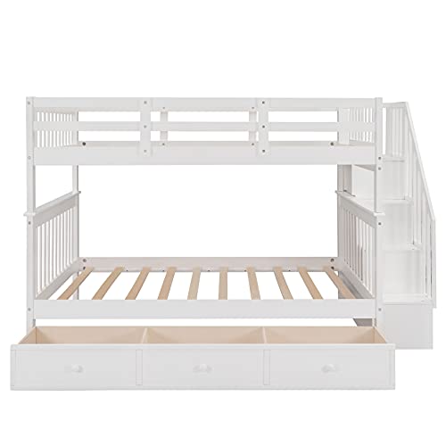 Full Over Full Bunk Beds with Drawers and Stairs Wood Bunk Bed Frame with Storage for Kids Teens Adult, Detachable Bunked for Boys Girls Women Men, White
