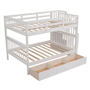 Full Over Full Bunk Beds with Drawers and Stairs Wood Bunk Bed Frame with Storage for Kids Teens Adult, Detachable Bunked for Boys Girls Women Men, White