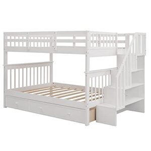 Full Over Full Bunk Beds with Drawers and Stairs Wood Bunk Bed Frame with Storage for Kids Teens Adult, Detachable Bunked for Boys Girls Women Men, White