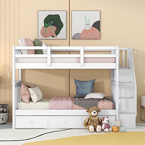 Full Over Full Bunk Beds with Drawers and Stairs Wood Bunk Bed Frame with Storage for Kids Teens Adult, Detachable Bunked for Boys Girls Women Men, White