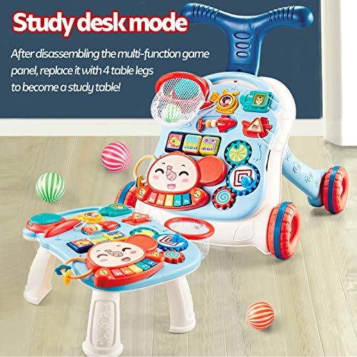 Baby Learning Walker Sit-to-Stand Baby Walker with Wheels Entertainment Table Kids Early Educational Activity Center, Baby Push Walkers for Boys and Girls (Blue White)