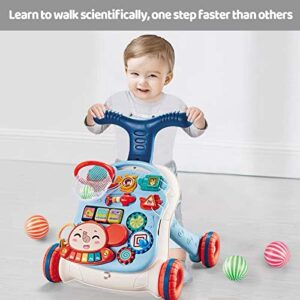 Baby Learning Walker Sit-to-Stand Baby Walker with Wheels Entertainment Table Kids Early Educational Activity Center, Baby Push Walkers for Boys and Girls (Blue White)