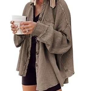 chouyatou Women's Loose Fit Batwing Sleeve Waffle Knit Button Down Shirt Shacket Tops (Large, Coffee)
