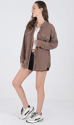 chouyatou Women's Loose Fit Batwing Sleeve Waffle Knit Button Down Shirt Shacket Tops (Large, Coffee)