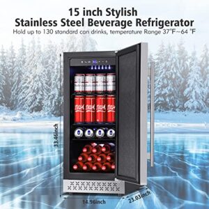 Tylza Beverage Refrigerator 15 Inch Wide, Mini Fridge Stainless Steel Under Counter Beverage Cooler, 130 Cans Beer Fridge with Built-in and Freestanding Beverage Fridge TYBC100SD
