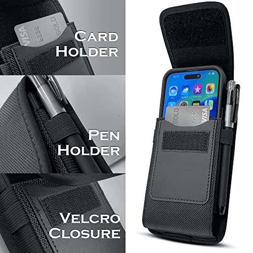 Meilib Belt Case for iPhone 14, 14 Pro, 13 Pro, 13, 12 Pro, 12, 11, XR, Nylon Cell Phone Belt Holder Holster Pouch Cover with ID Card Storage (Fits Phone with Protective Case on) Medium Black